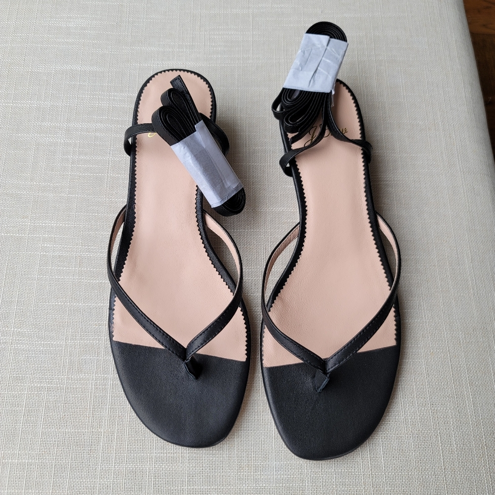 New! J.Crew sz 7.5 Black Leather Ankle-wrap thong sandal shoe rounded heel NWT - Picture 2 of 9